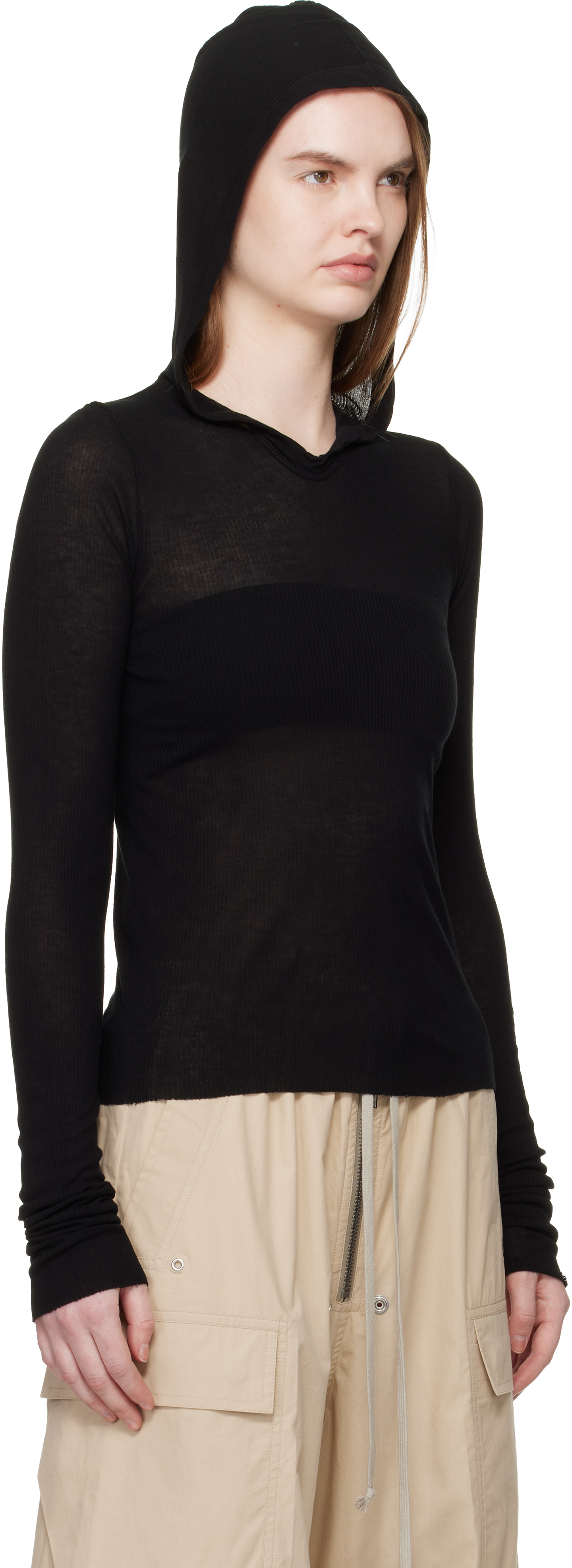 Black Temple Cropped Rib LS Hoodie