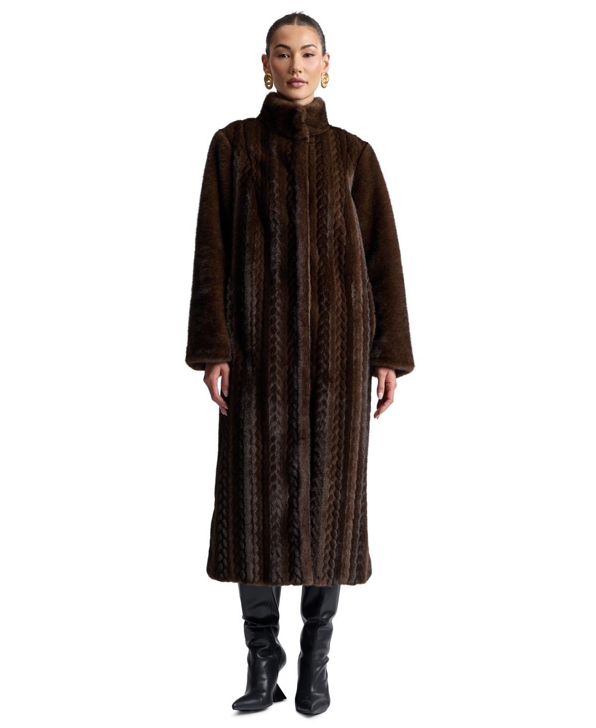 Women's Maxi Braided Faux Fur Coat - Cafe Noir