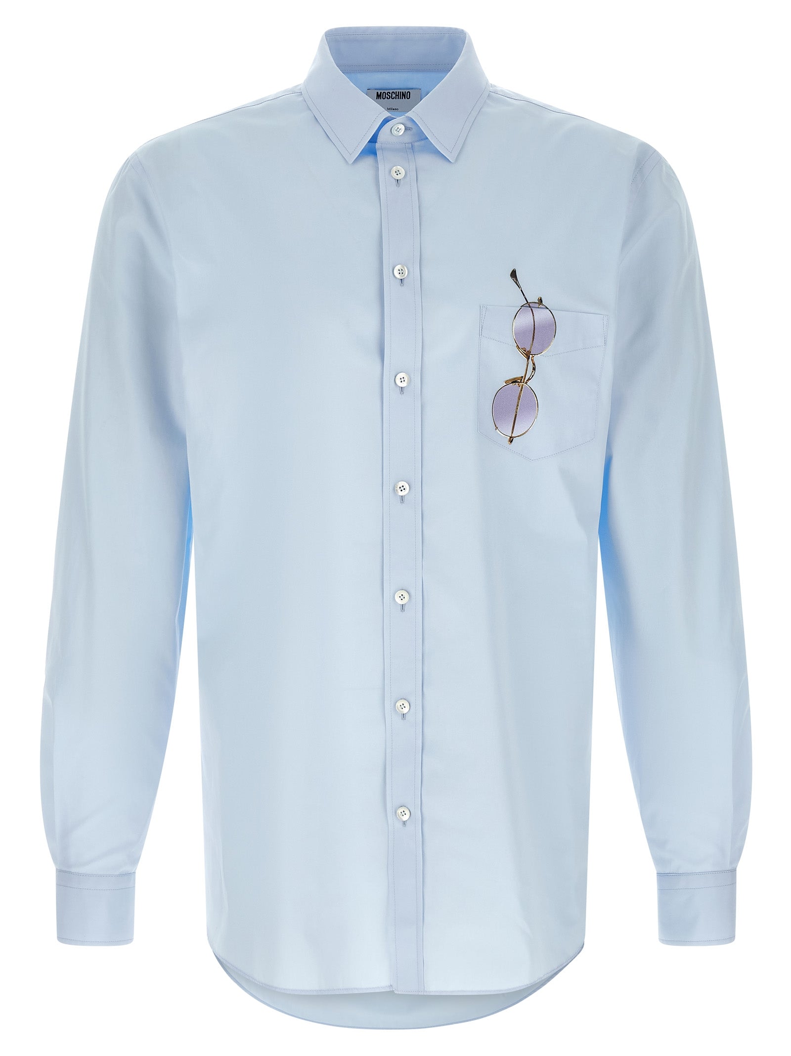 Trompe-l'œil Glasses Print Cotton Poplin Shirt — Blue