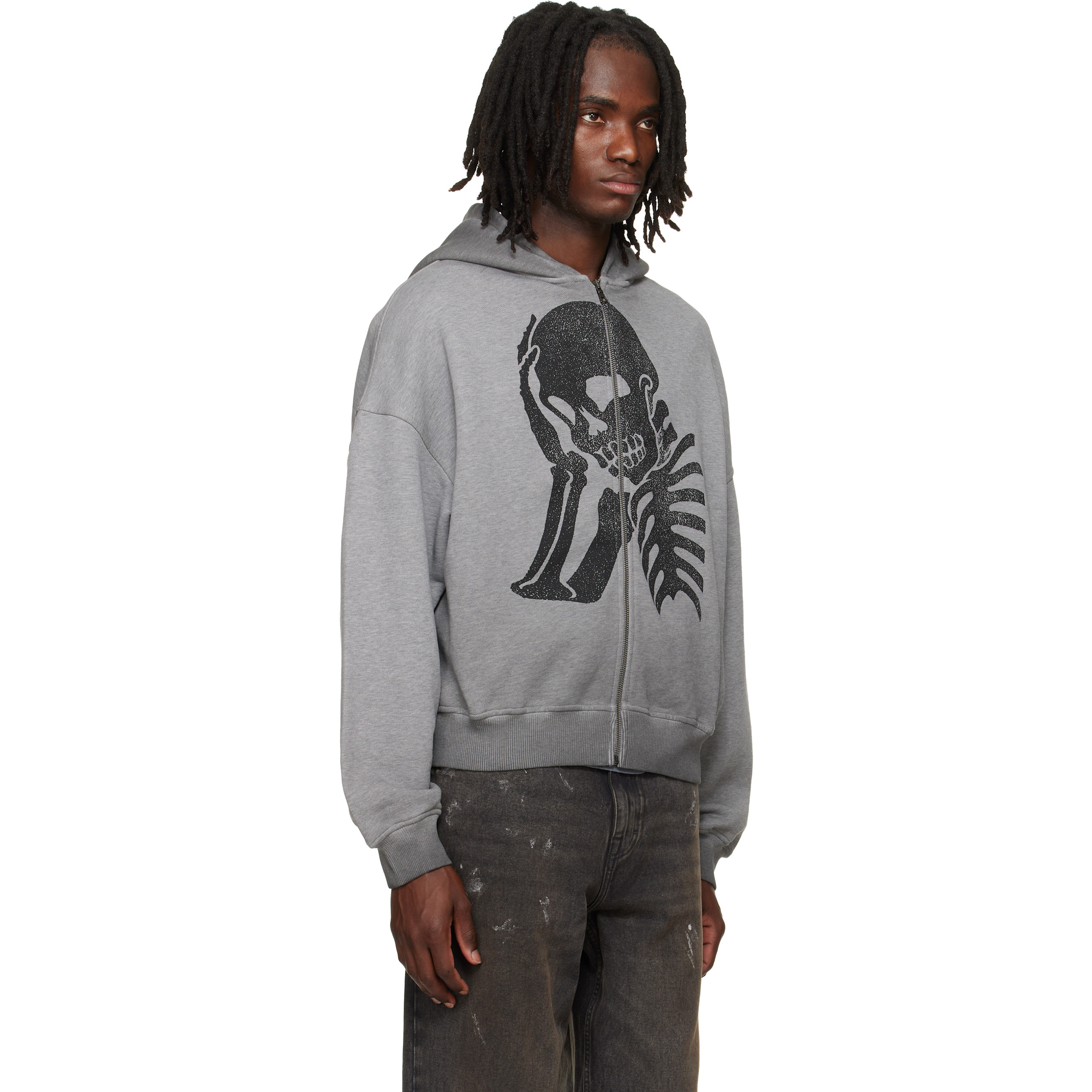 Gray Skull Zipped Loose Hoodie