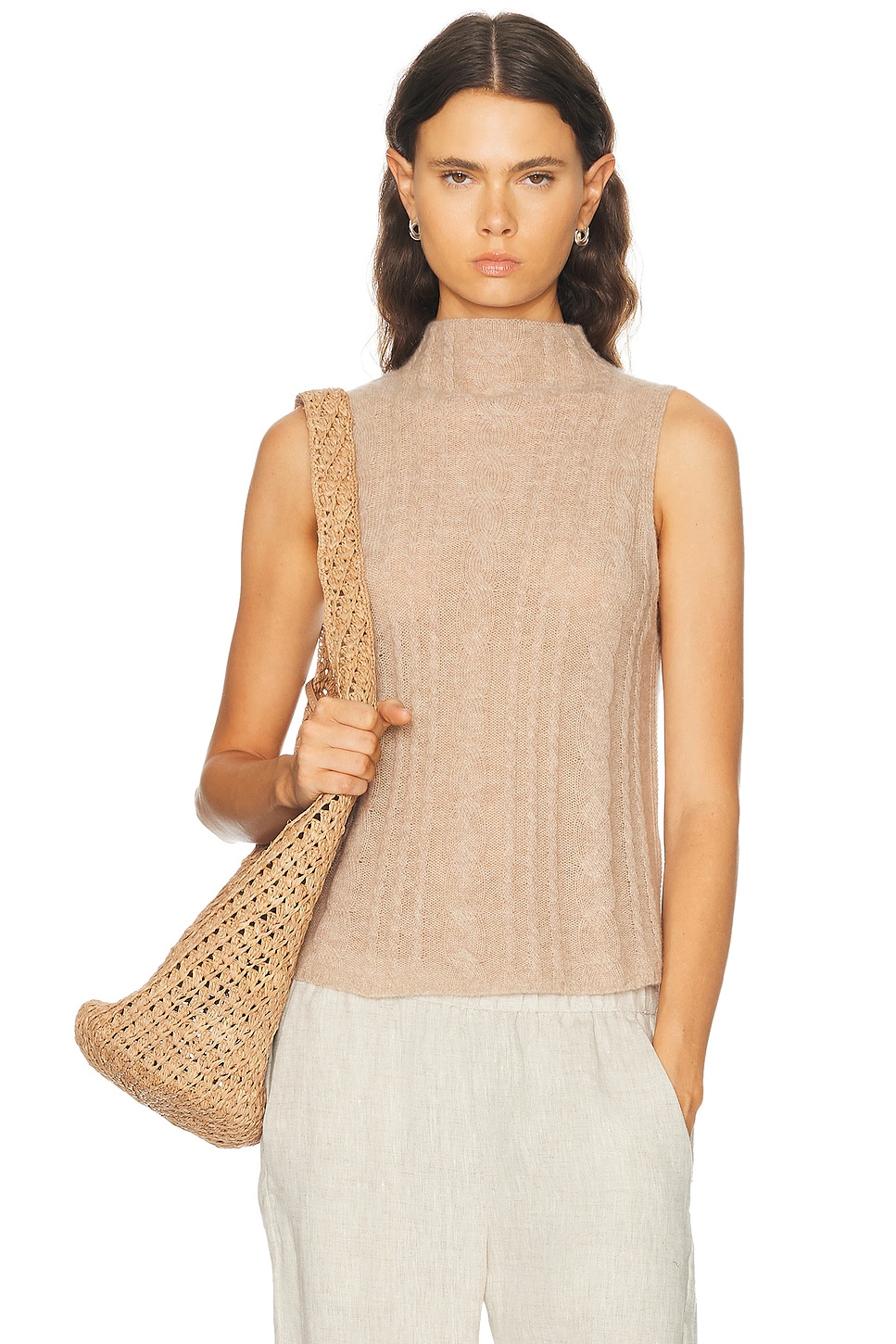 SABLYN Salvia Sleeveless Cable Turtleneck Sweater in Tan