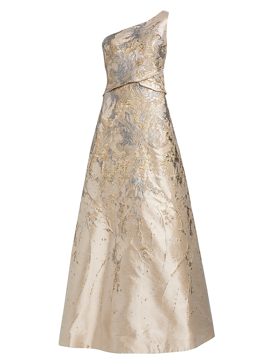 Women's Floral Metallic Brocade One-Shoulder Gown - Gold