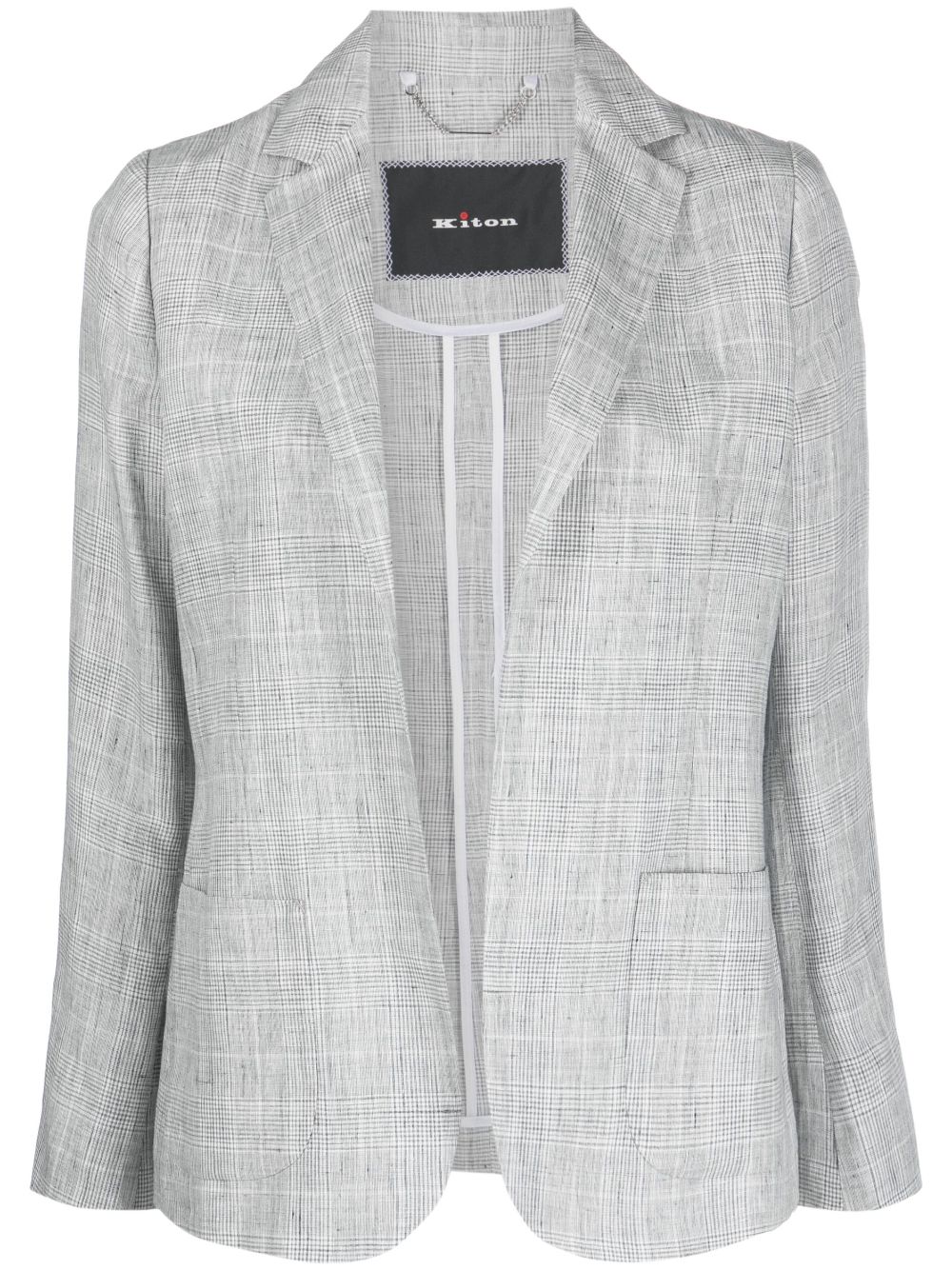 Plaid-pattern open-front linen blazer - Grey