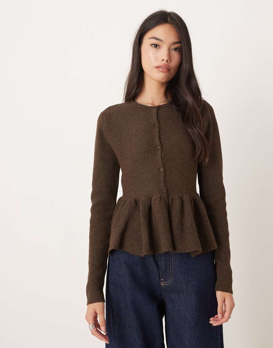 Structured peplum hem cardigan in chocolate-Brown