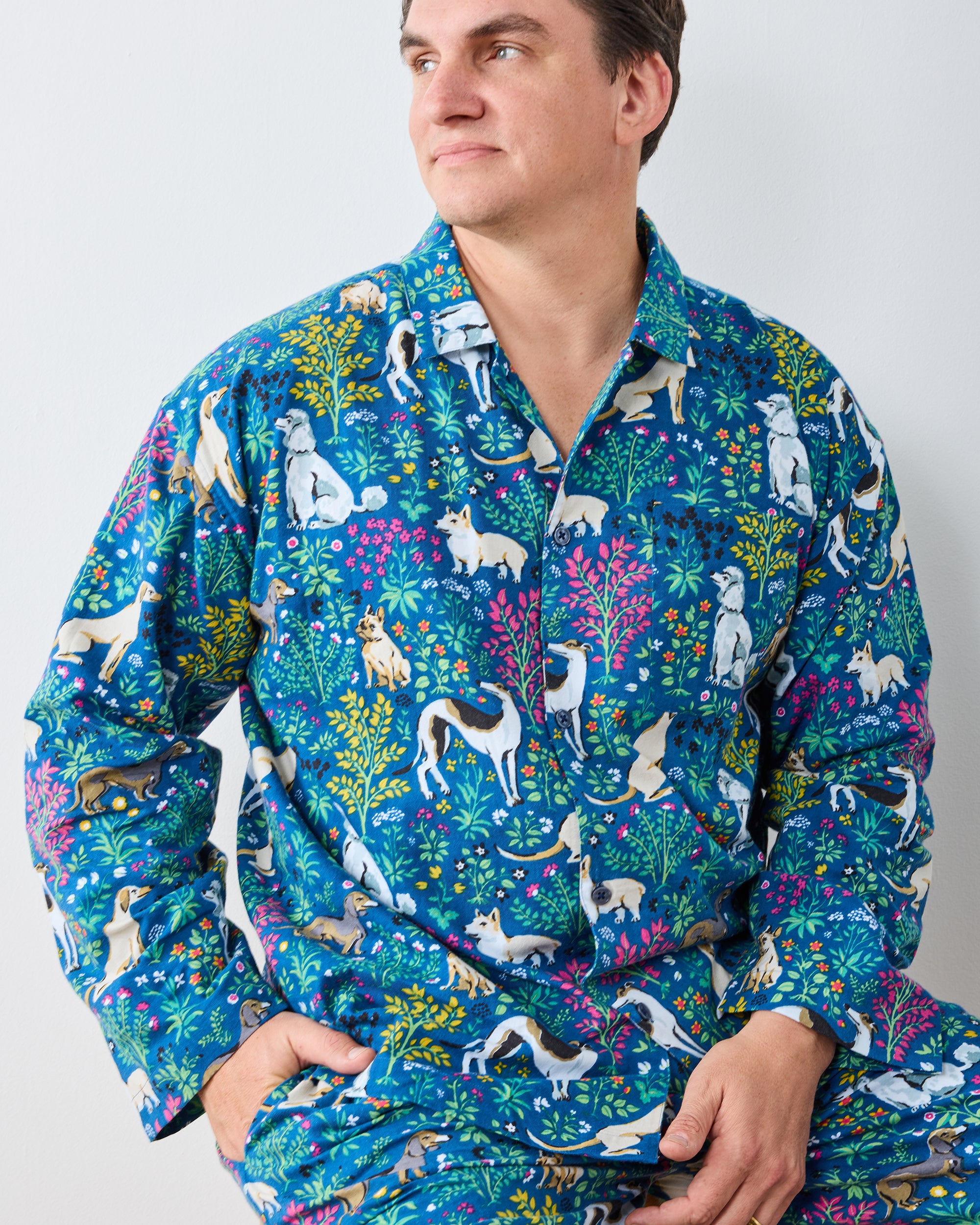 Organic Flannel Long Sleeve and Pants Pajama Set in Must Love Dogs | Men's XS | Blue | Sleepwear