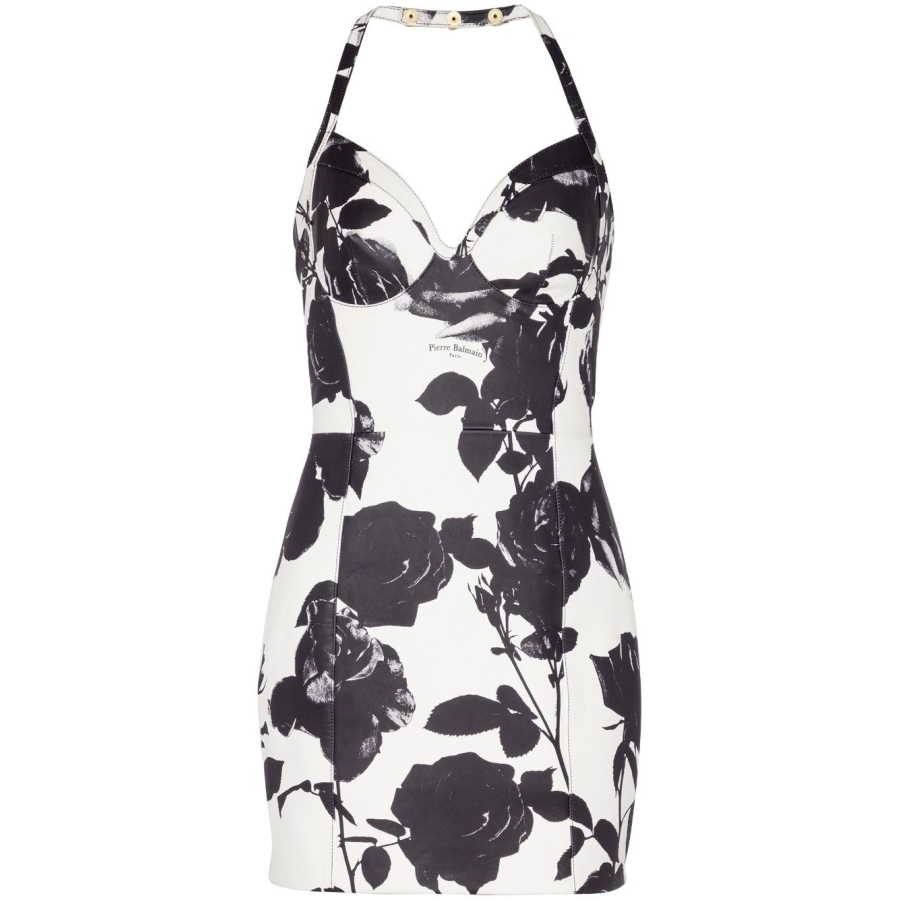Floral-Print Leather Minidress