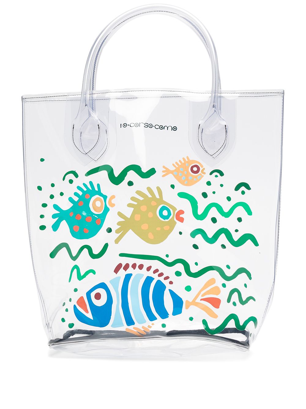 Large fish-print transparent tote bag - White