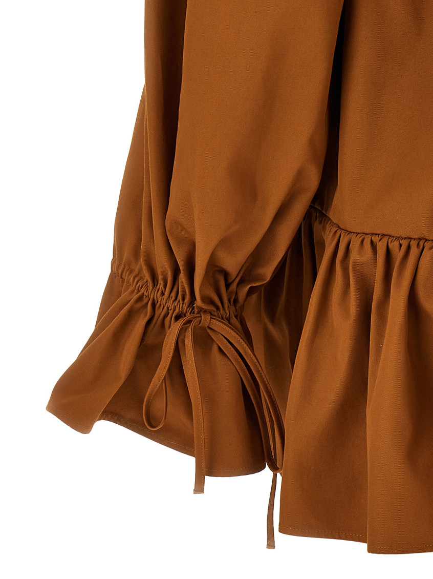 Brown Ruffle Dress With Bare Shoulders In Cotton Twill Woman