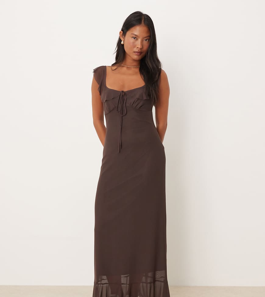 ASOS DESIGN Petite frill front and straps midi dress in brown