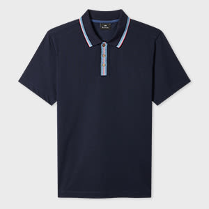 Navy Plated Jersey Polo Shirt With Contrast Tipping Blue