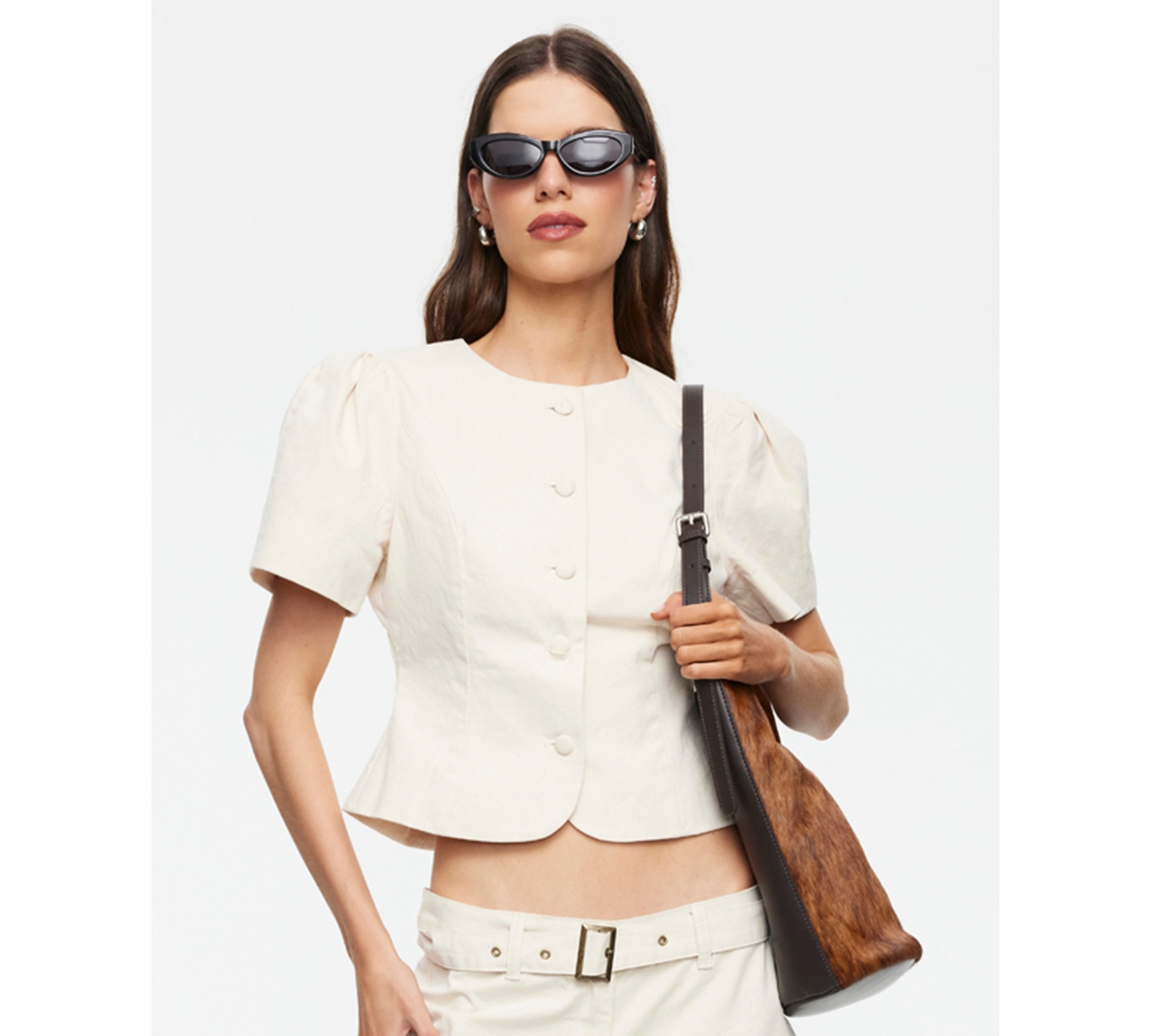 Women's Cropped Short-Sleeve Blouse - Beige