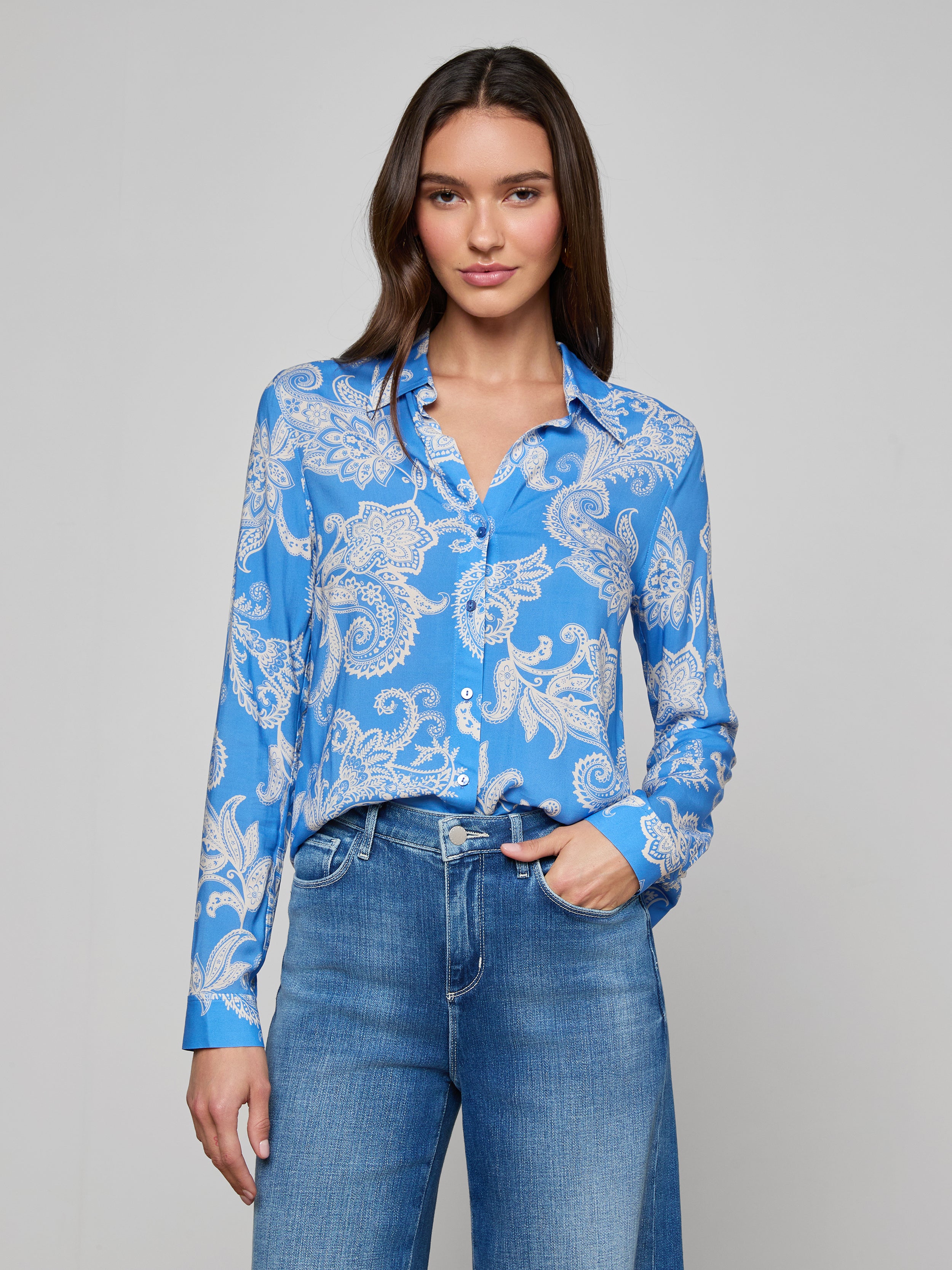 Holly Blouse Top In Regatta Blue/ivory Paisley