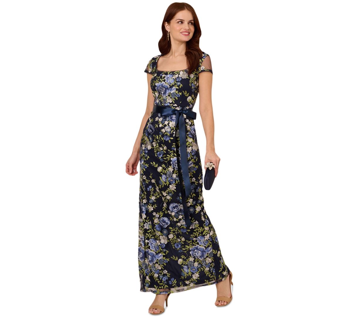 Women's Cascading Floral Sheath Gown - Navy Multi