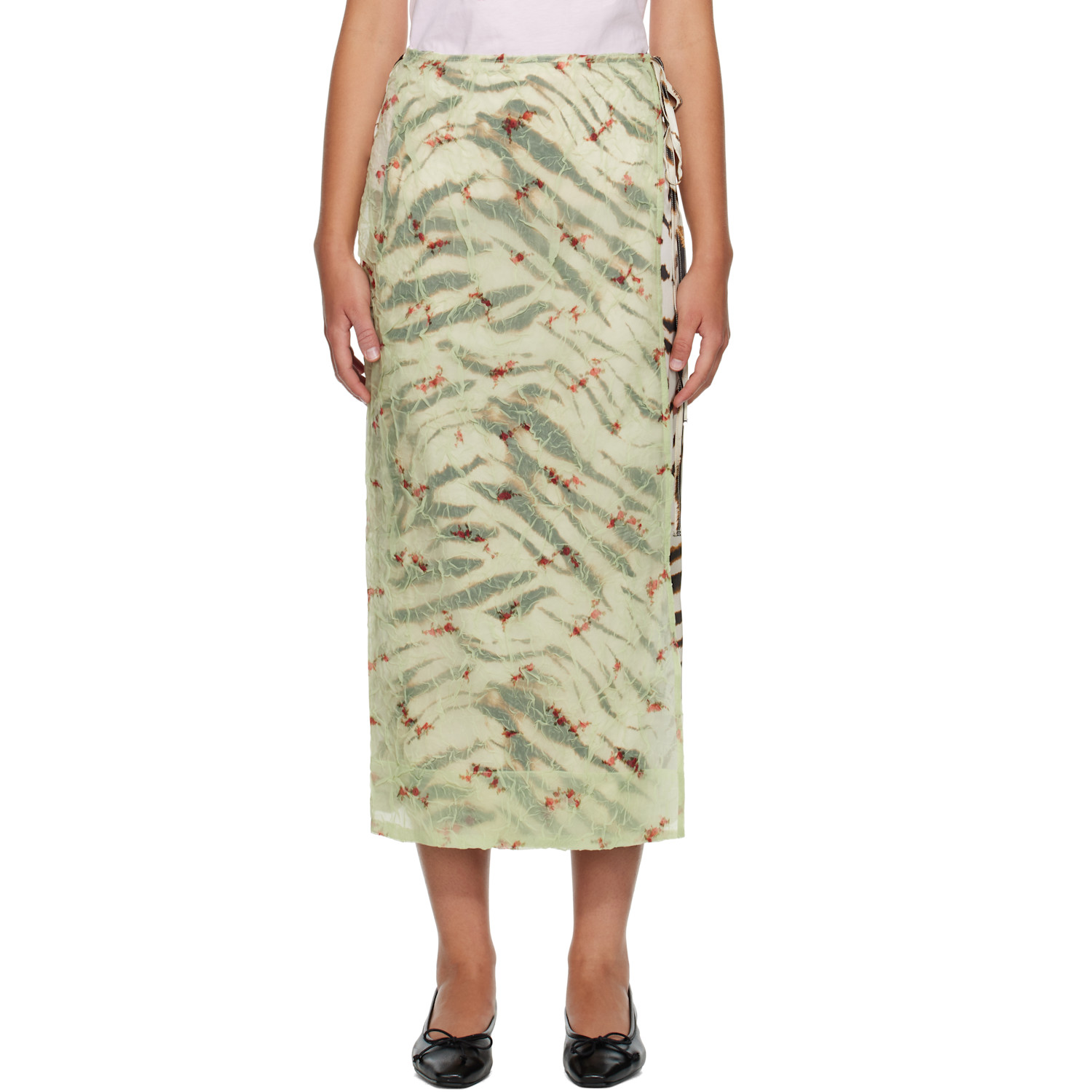 Off-White & Green Shibori Organza Printed Stretch Satin Maxi Skirt
