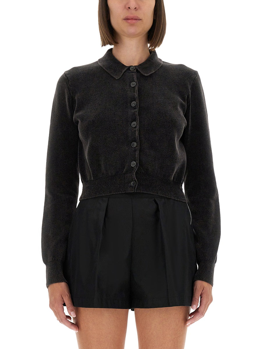 Crop Cardigan with Polo Collar in Cotton Blend Velvet