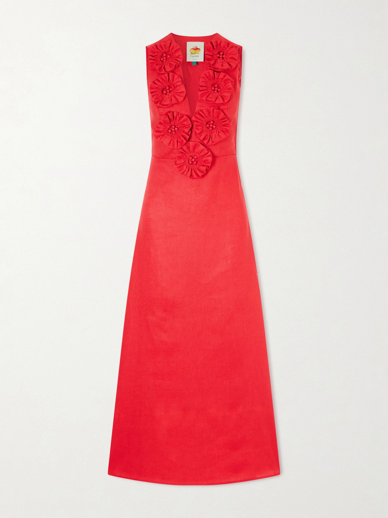Floral-appliquéd Linen Midi Dress - Red