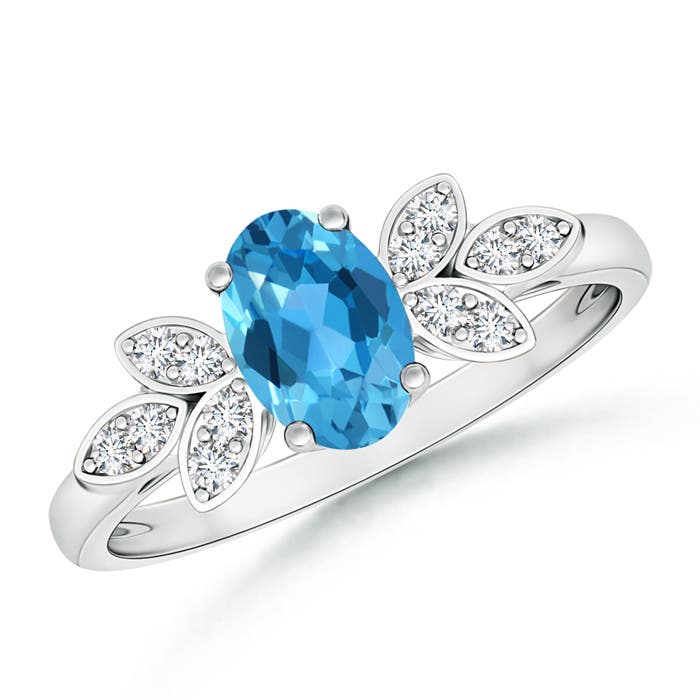 Angara 0.95 Carat Vintage Style Oval Swiss Blue Topaz Ring with Diamond Accents in Platinum