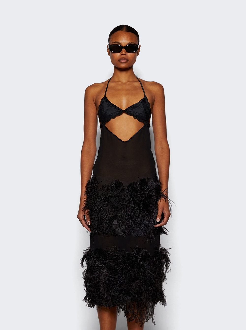 Ostrich feather-trim midi dress - Black