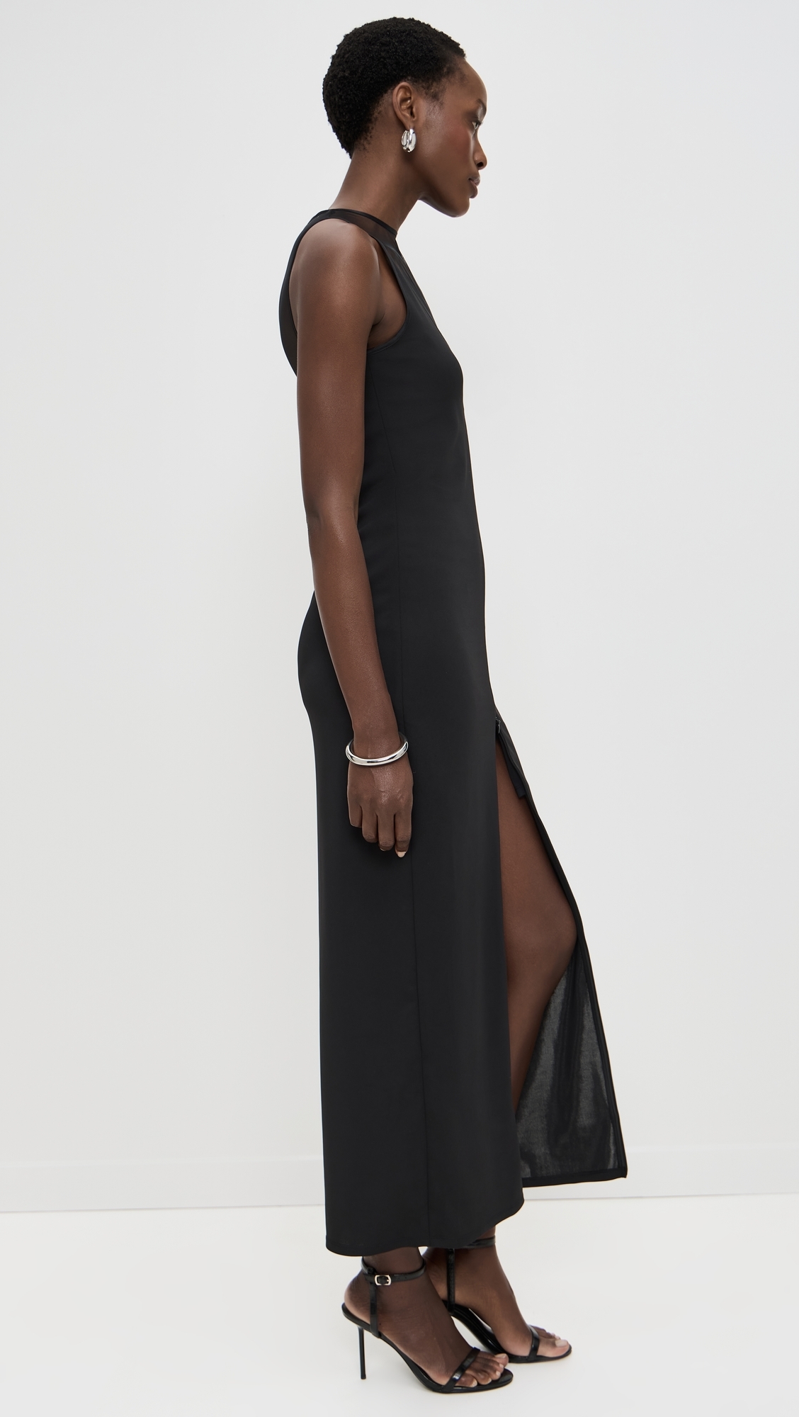 Rose Spine Embroidery High Slit Maxi Dress Black