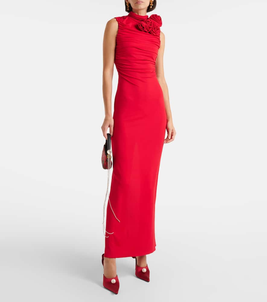 Floral-appliqué ruched jersey gown