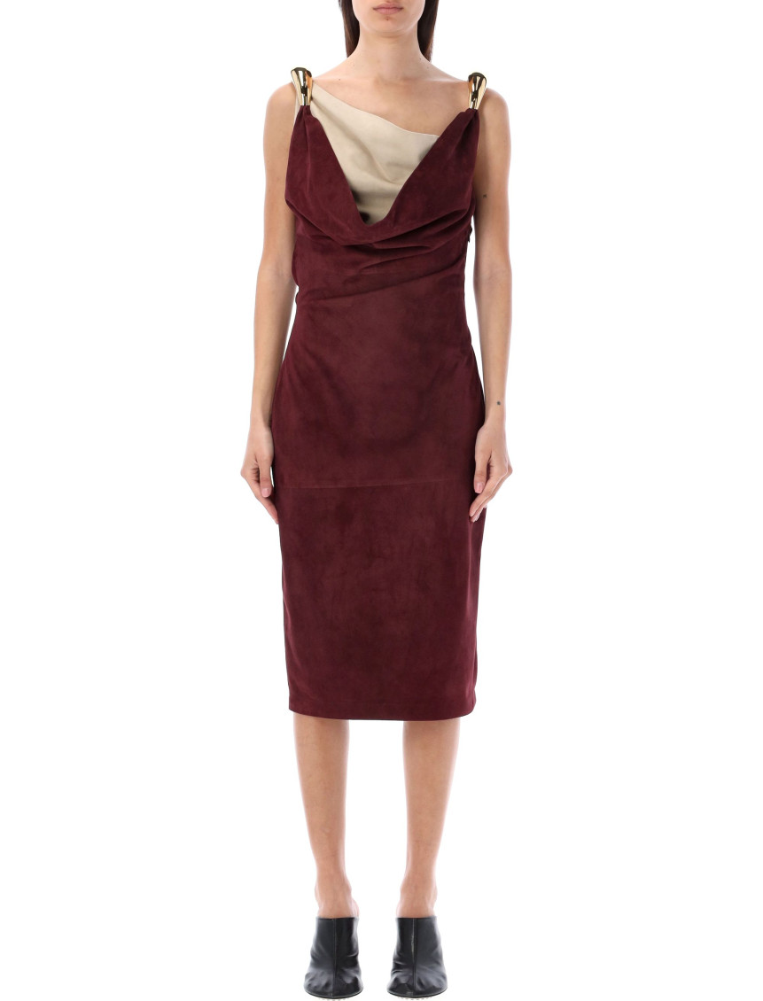 Midi Bordeaux Dress With Metal Detail In Suede Woman