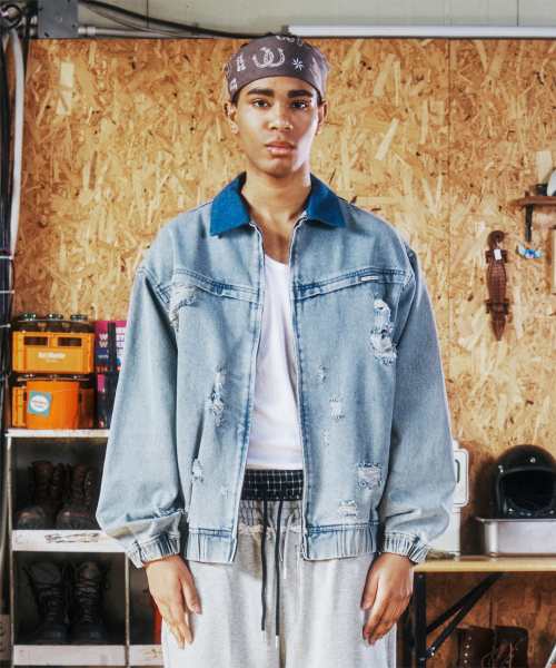 DESTROYED DENIM ZIPUP JACKET LIGHT BLUE