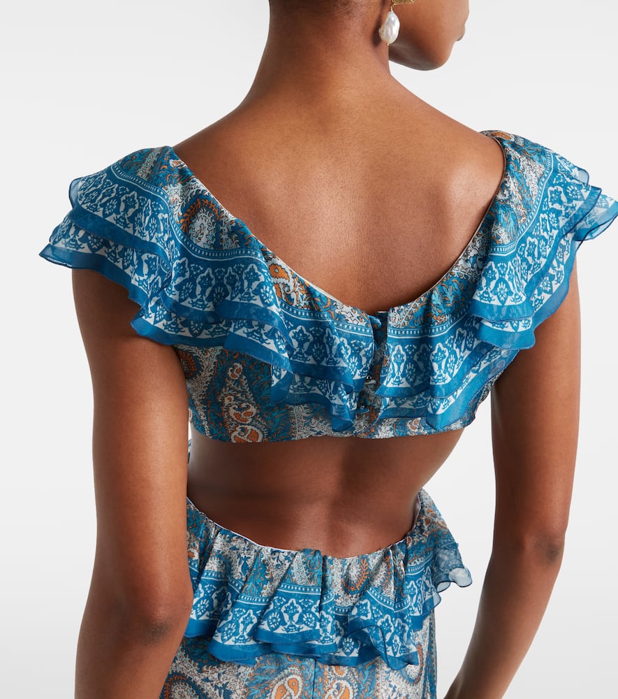 Paisley lace-trimmed ruffled silk maxi dress