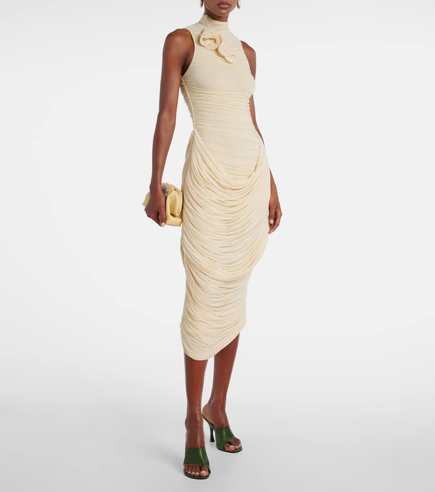 Floral-appliqué draped ruched gown