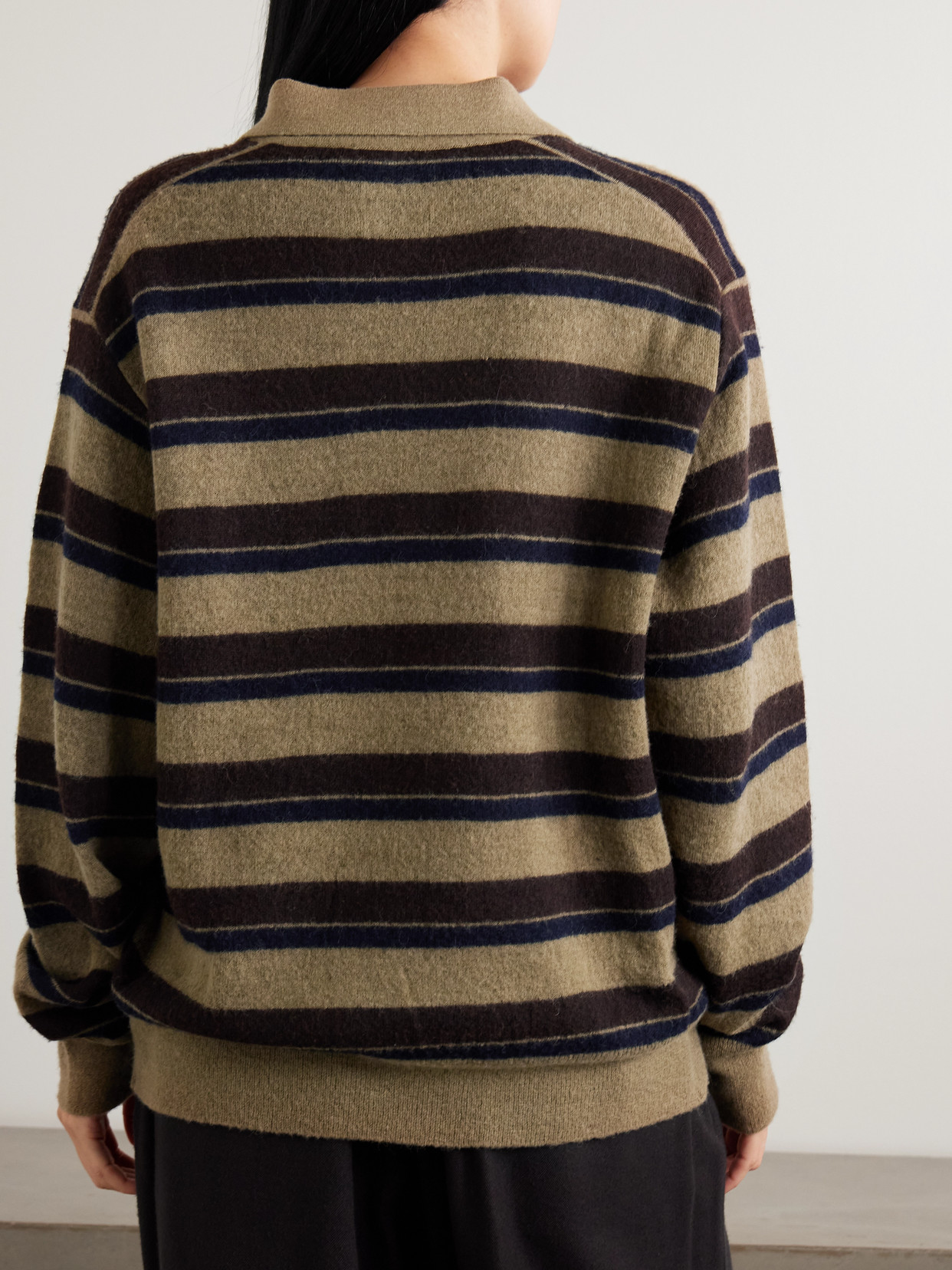 Striped Brushed Knitted Polo Sweater - Brown
