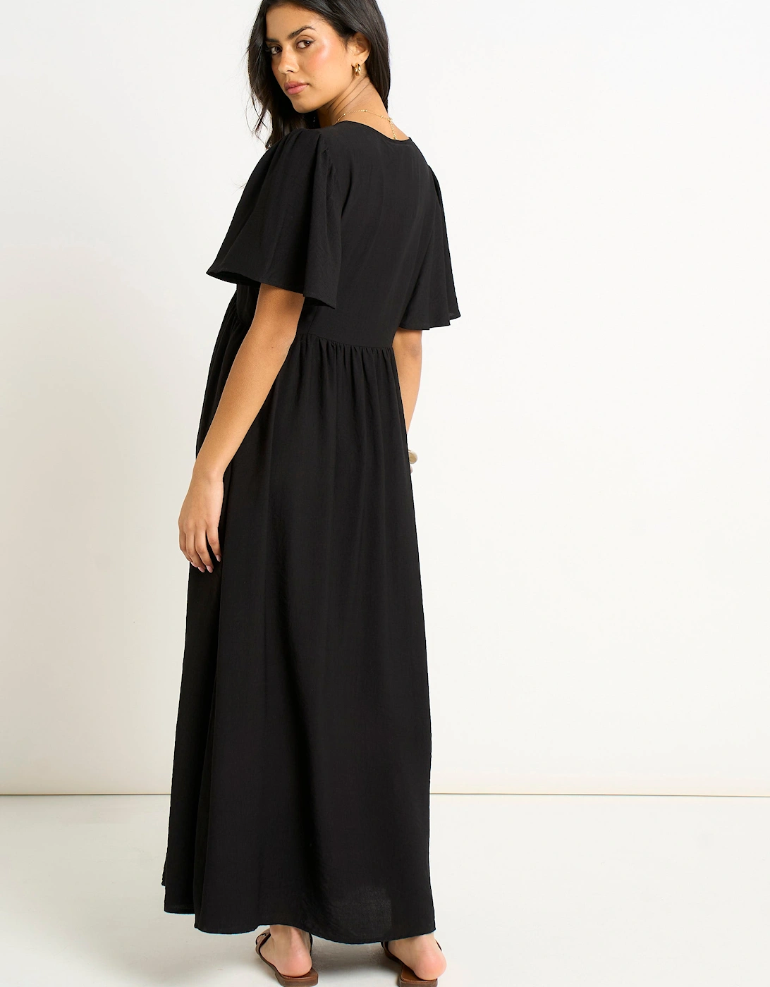 Gini London Women's Black V Neck Angel Sleeves Skater Maxi Dre