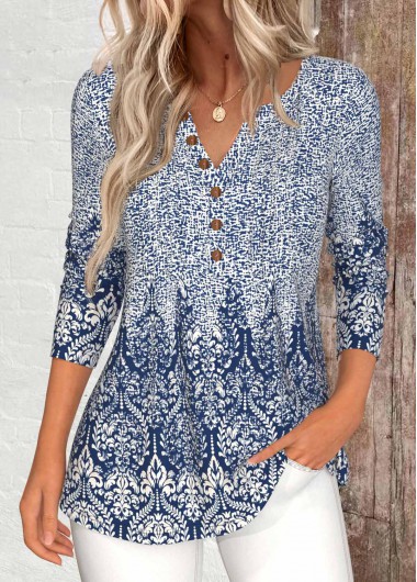 Modlily Blue Button Tribal Print Long Sleeve T Shirt