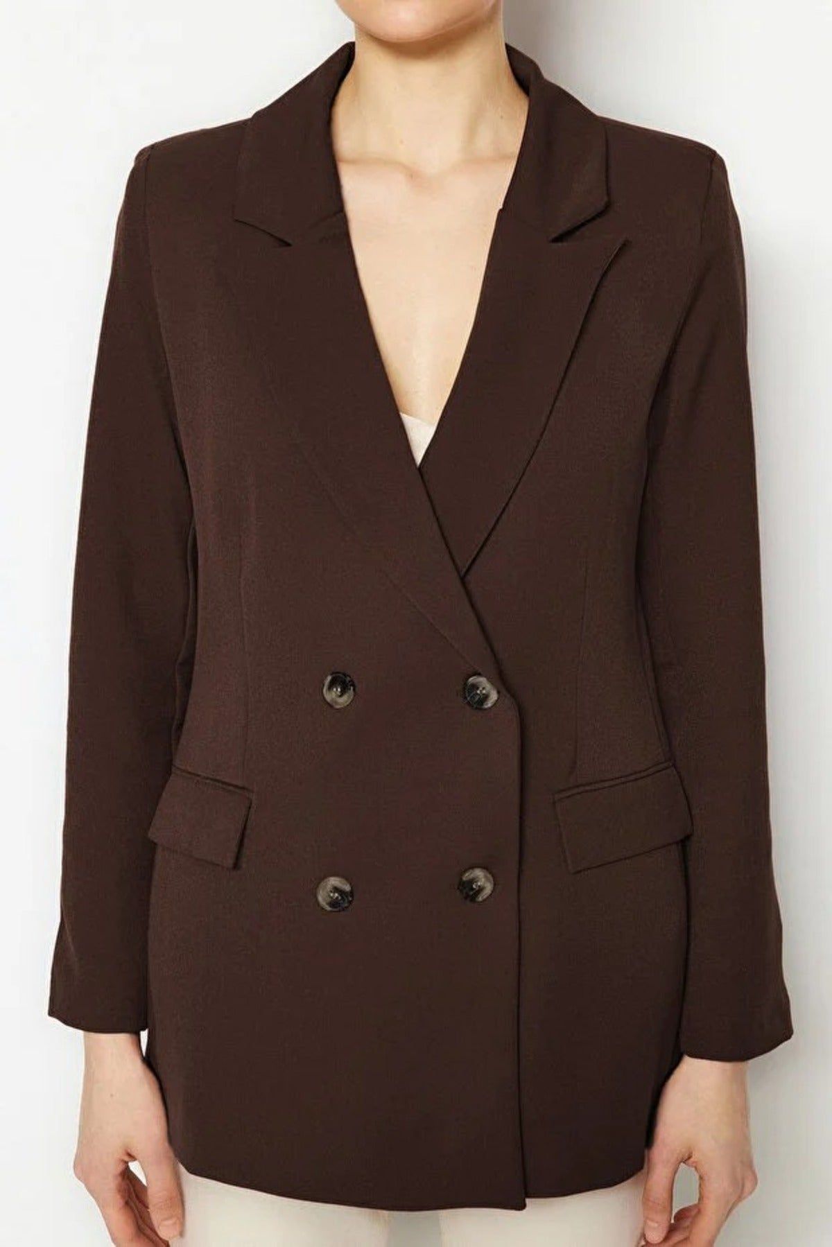 WOVCOR Women's Oversized Double-Breasted Tailored Woven Blazer Jacket in Brown