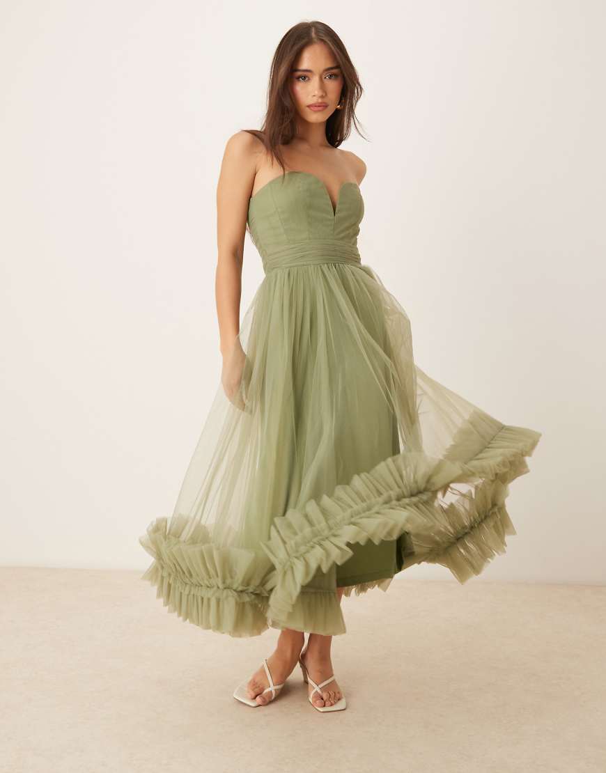 Corset tulle ruffle hem midaxi dress in soft olive-Green