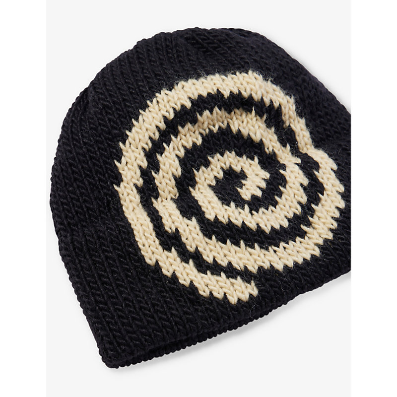 Mens Black/cream Spiral-pattern Knitted Wool-blend Beanie