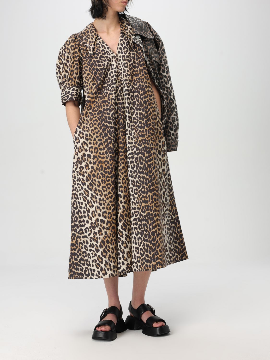 Leopard-print flared maxi dress - Brown