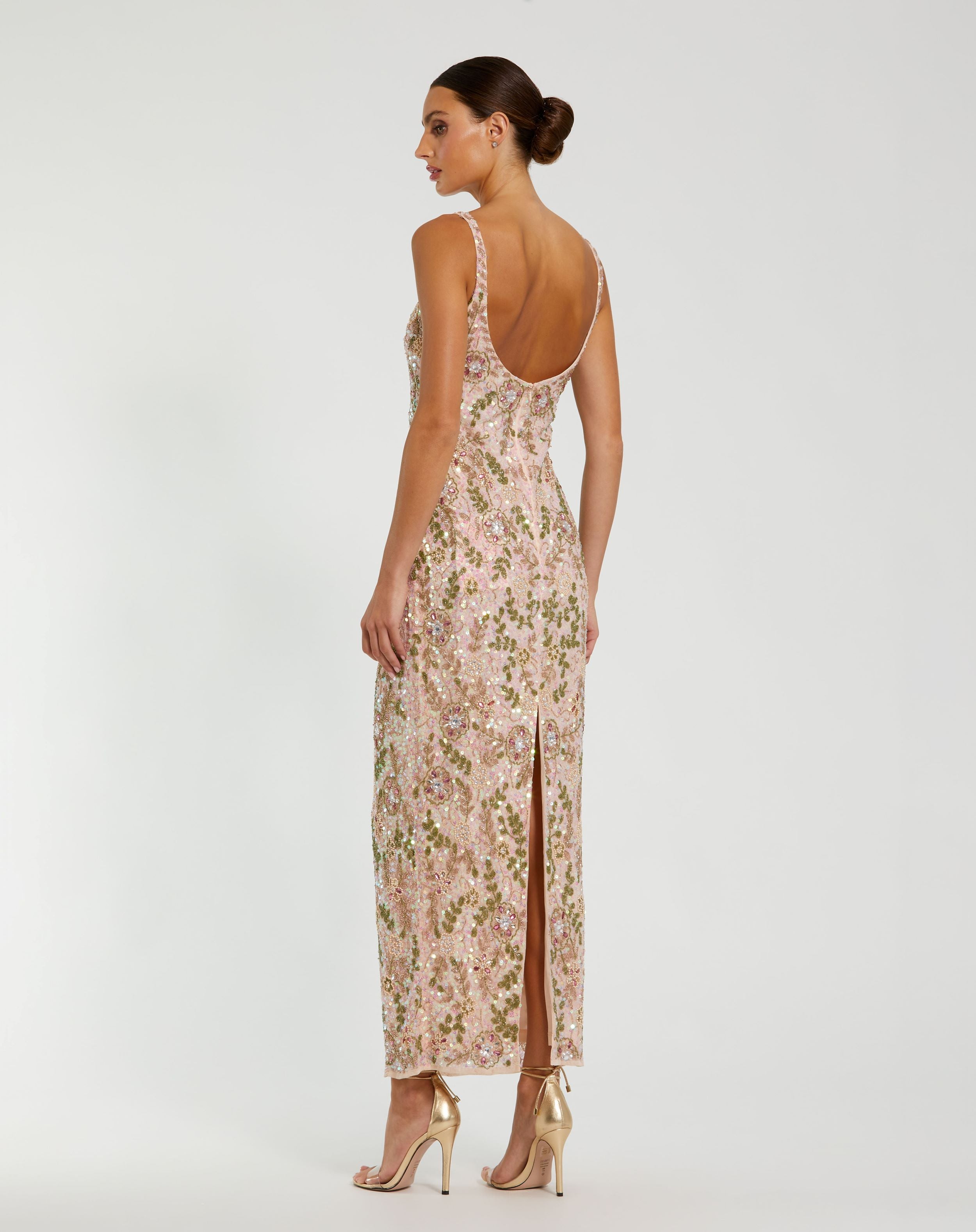 Sleeveless Hand Beaded Floral Midi Dress In Sand Multi