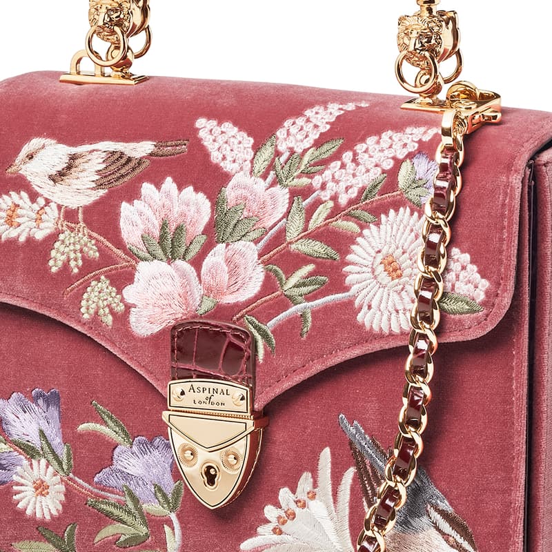 Midi Mayfair Embroidered Bag in English Garden Bird Hand Embroidery on Velvet