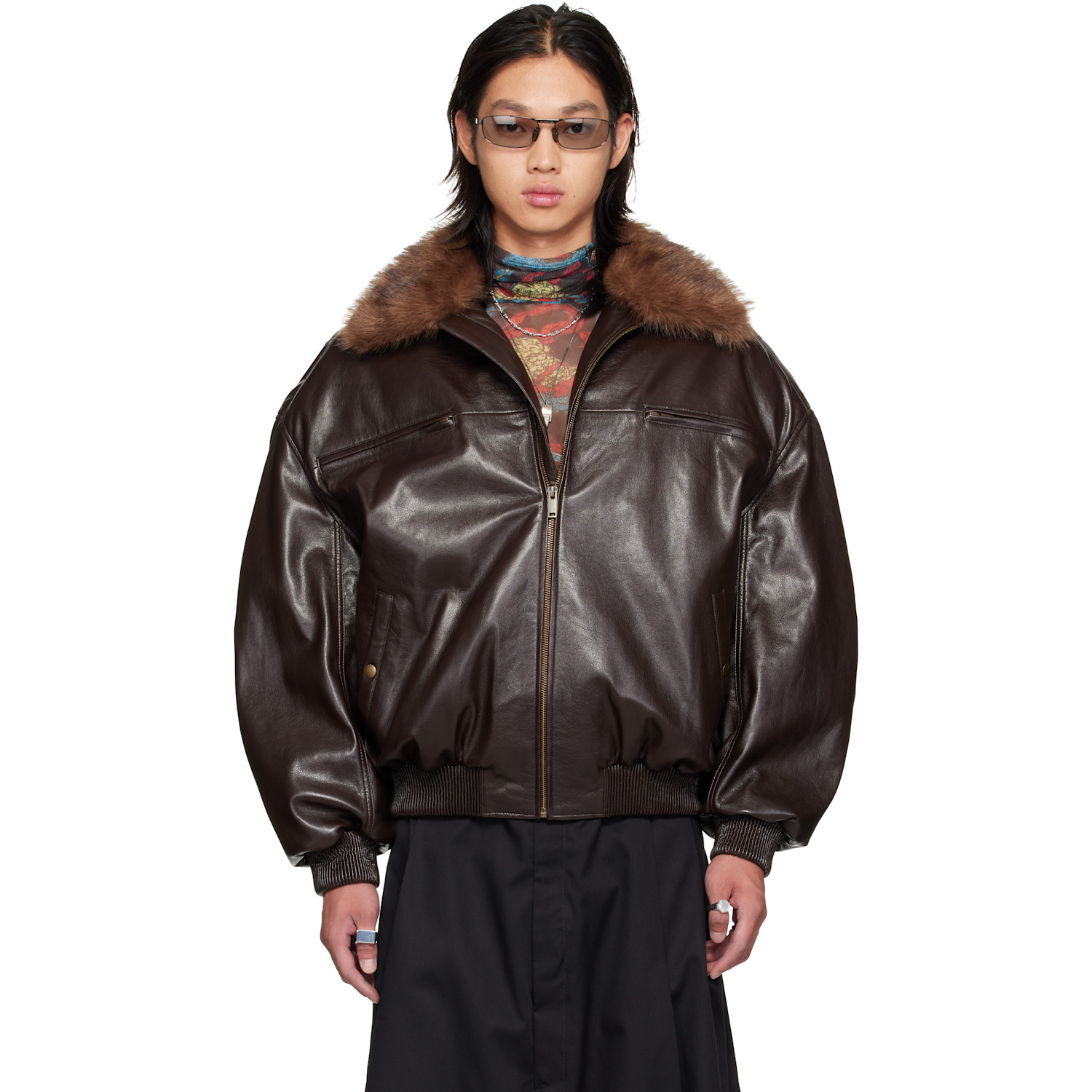 Brown Faux-Leather Cargo Flight Jacket