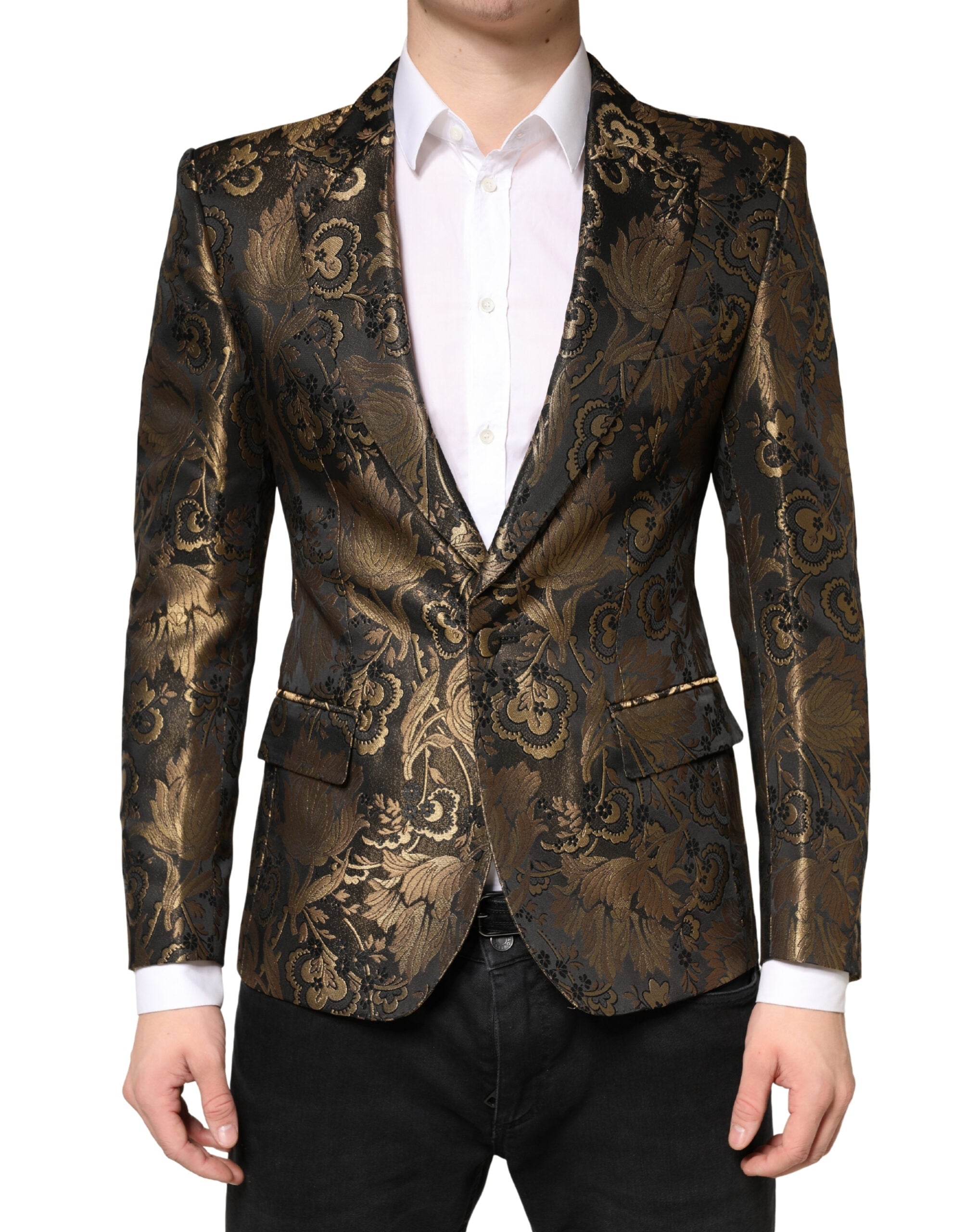 Gold Jacquard Single-Breasted Blazer — Gold