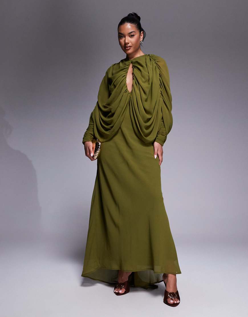 Keyhole draped kimono sleeves maxi dress in green