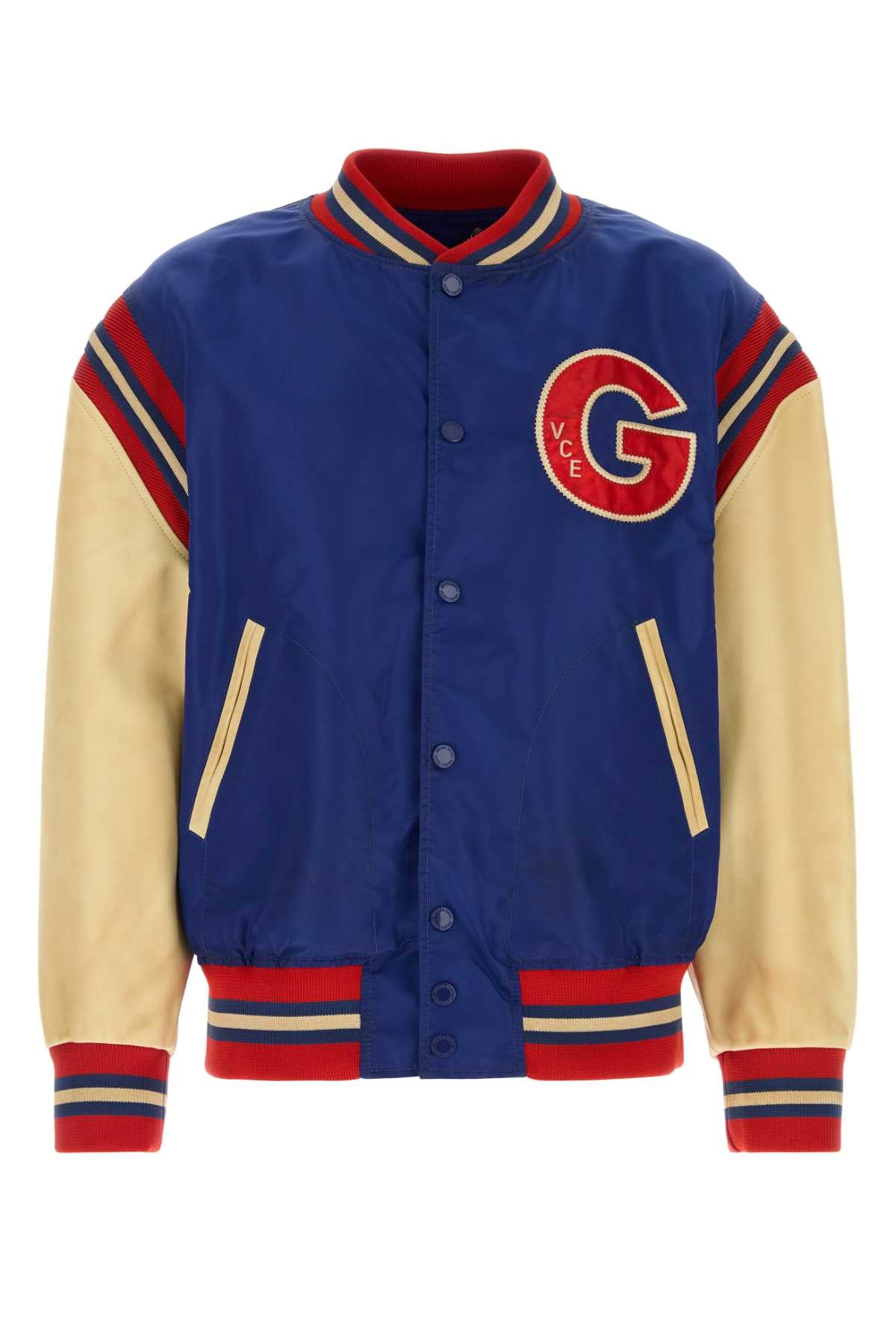 Nylon and Leather Varsity Jacket — Blue