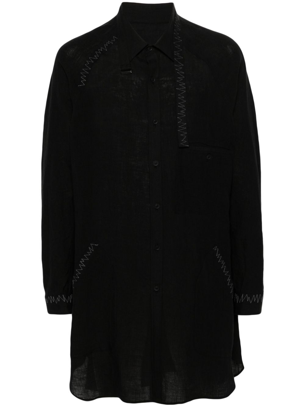 Zigzag-embroidery linen shirt - Black