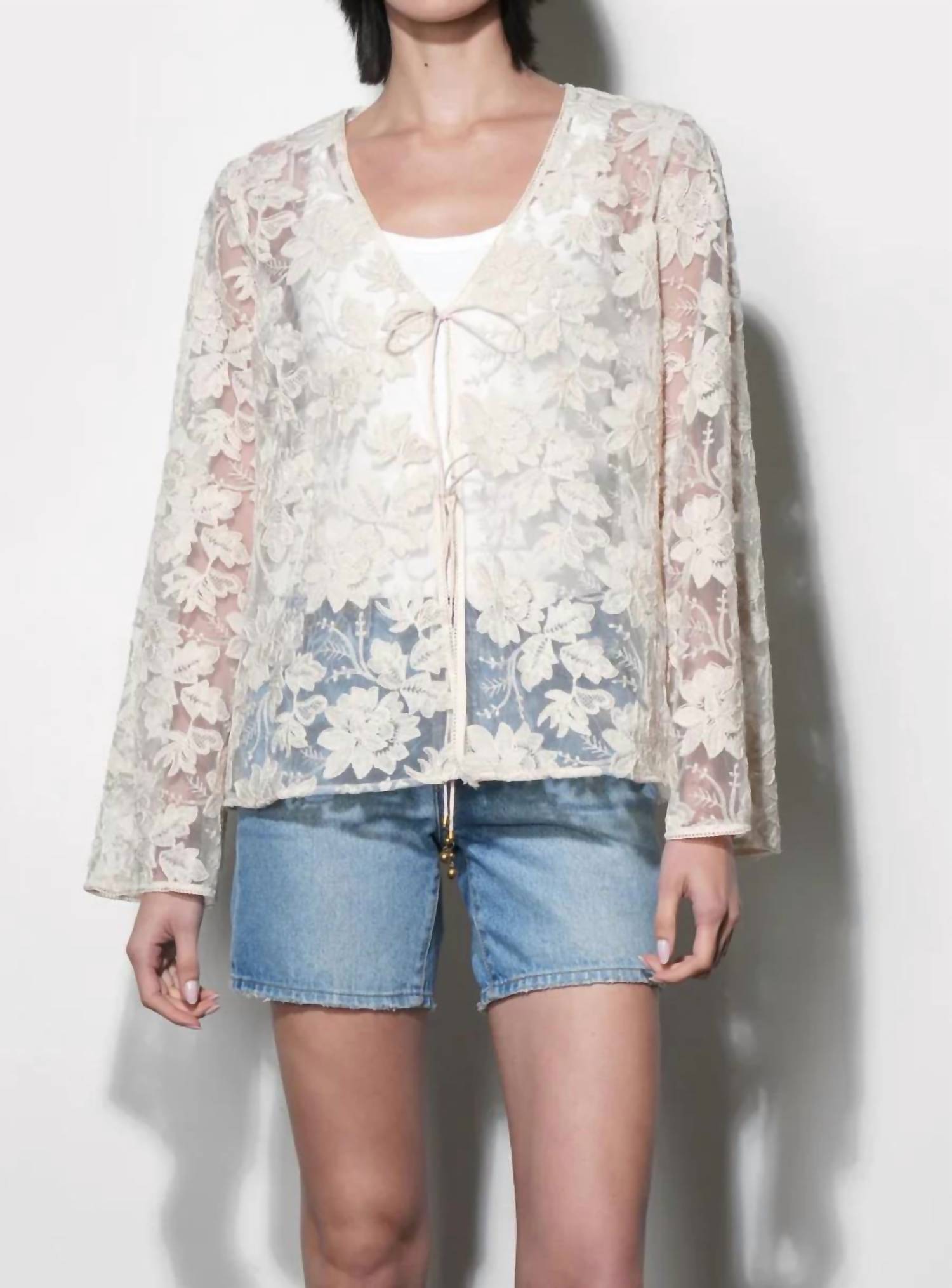 Zaylee Sheer Embroidery Lace Cardigan In Natural
