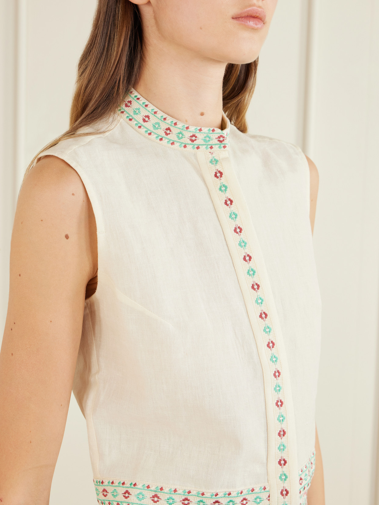 Andorra Astragal Mare Embroidered Linen And Cotton-blend Top - Neutrals