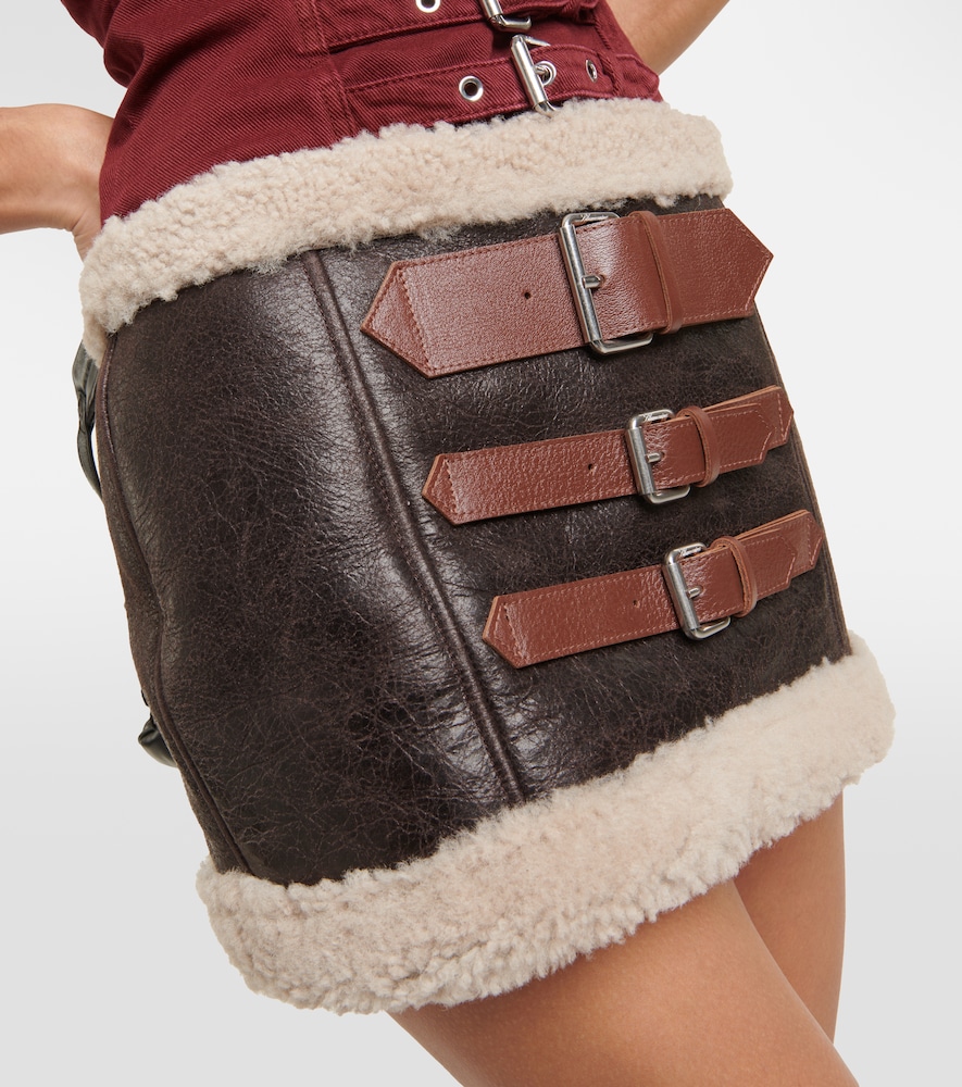 Shearling-trimmed leather miniskirt