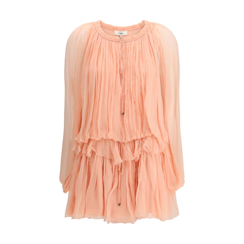 Gathered Silk Ruffle Dress — Pink