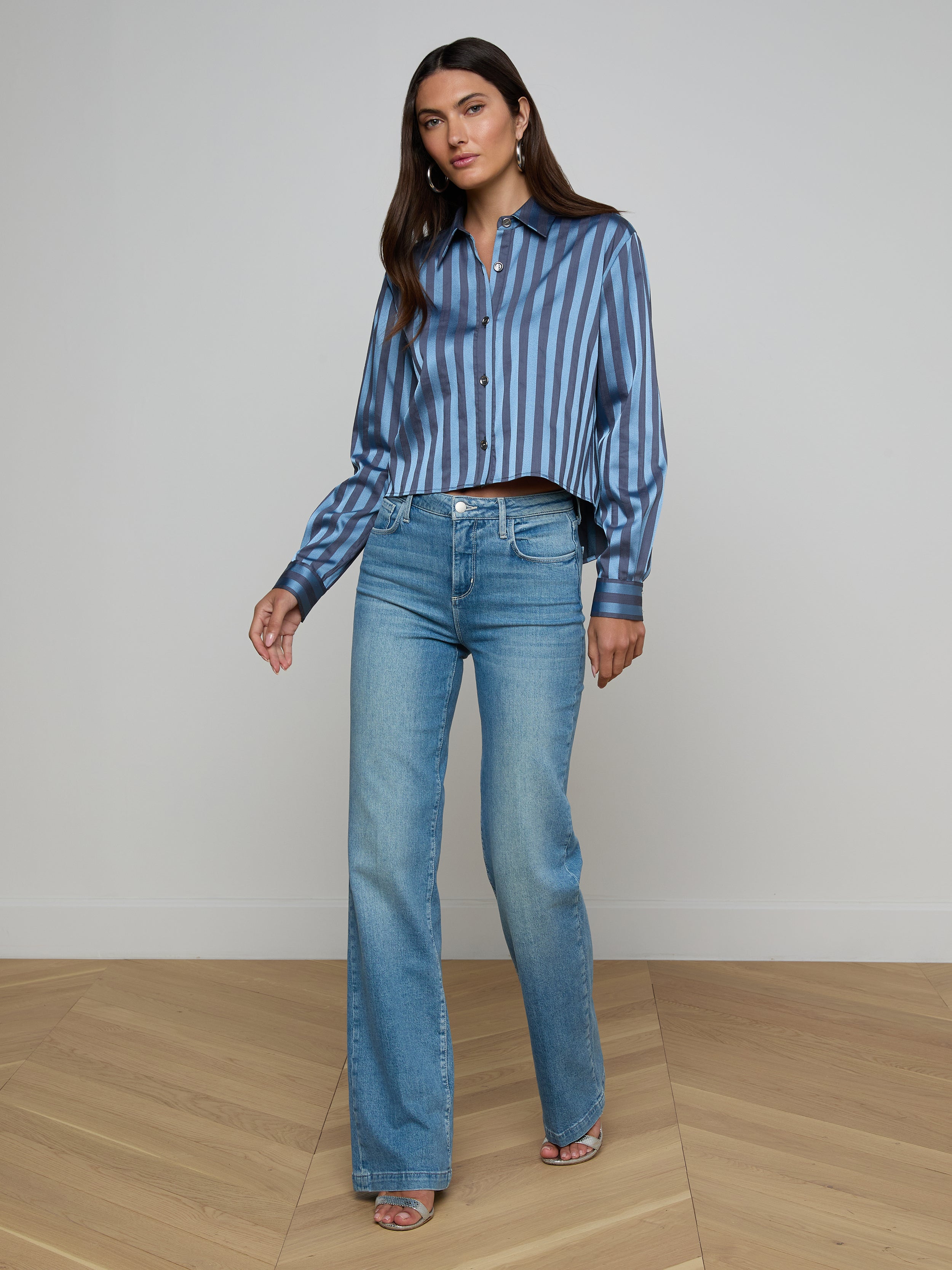 Cosette Satin Shirt In Blue Multi Stripe