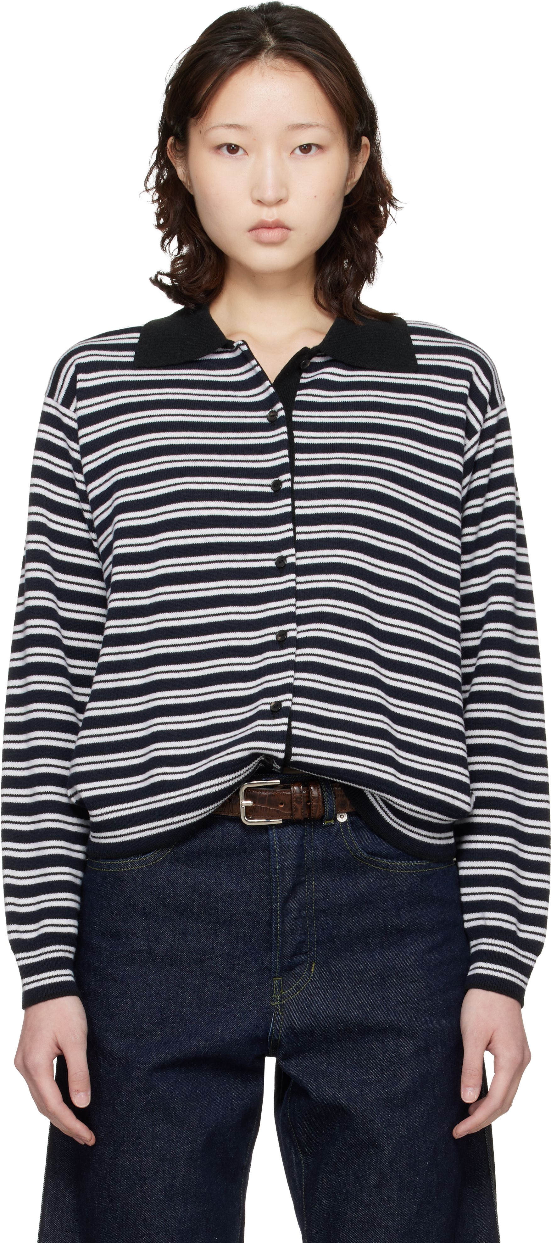 Black & White Merino Wool Striped Polo Cardigan