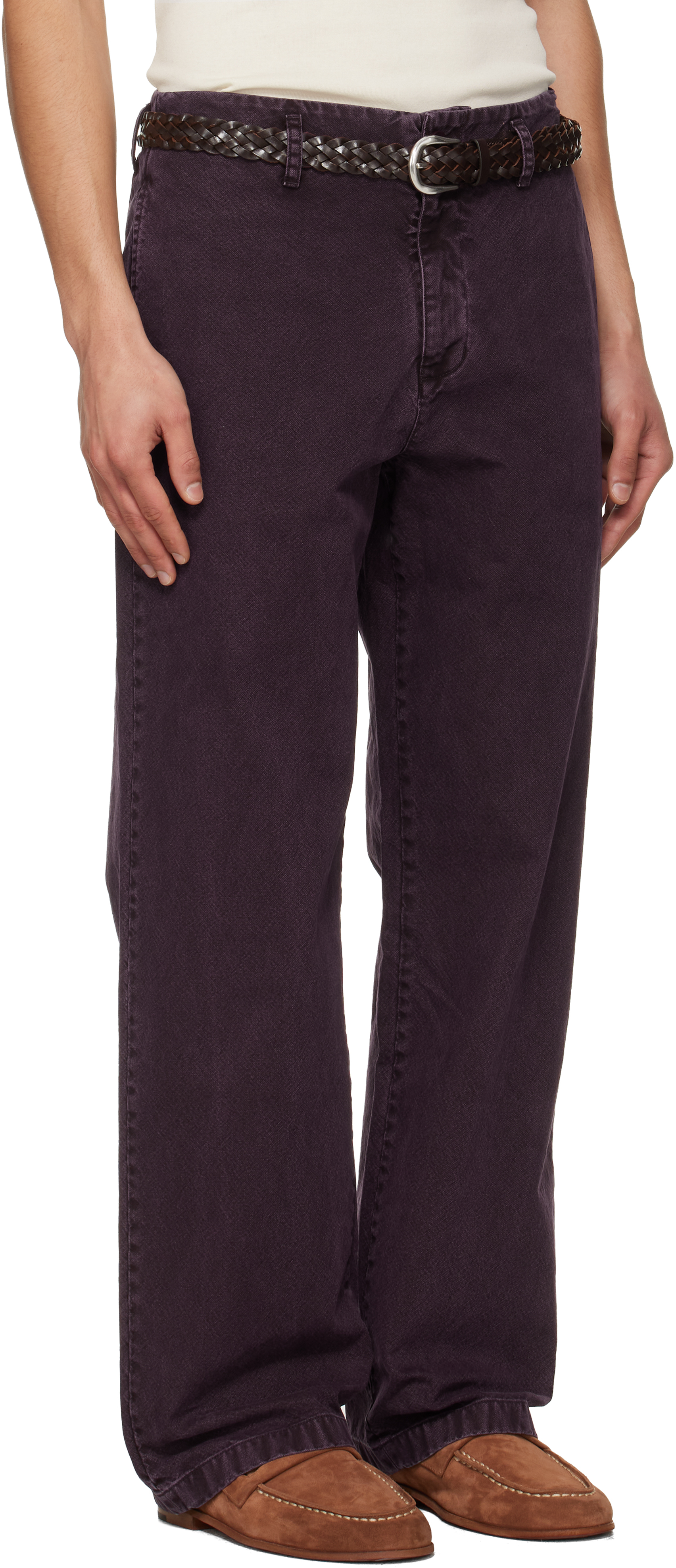 Burgundy Garment Dyed Cotton Straight Trousers