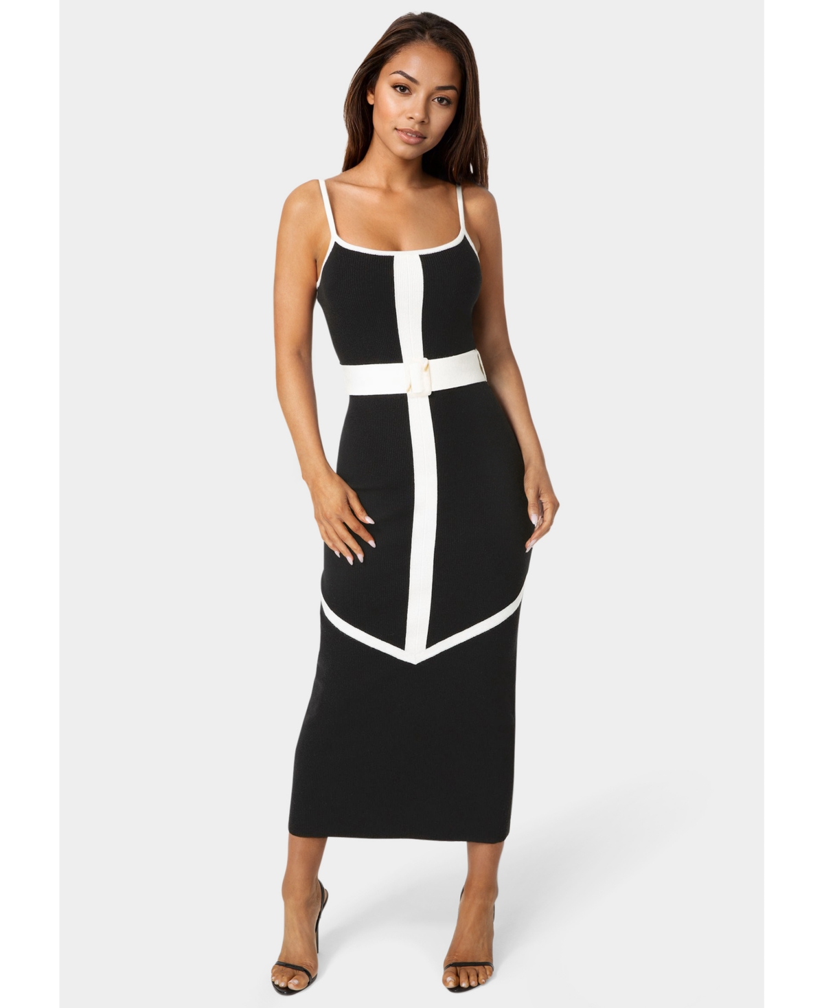 Women's Rib V-Neck Bodycon Maxi Dress with Belt - Black white